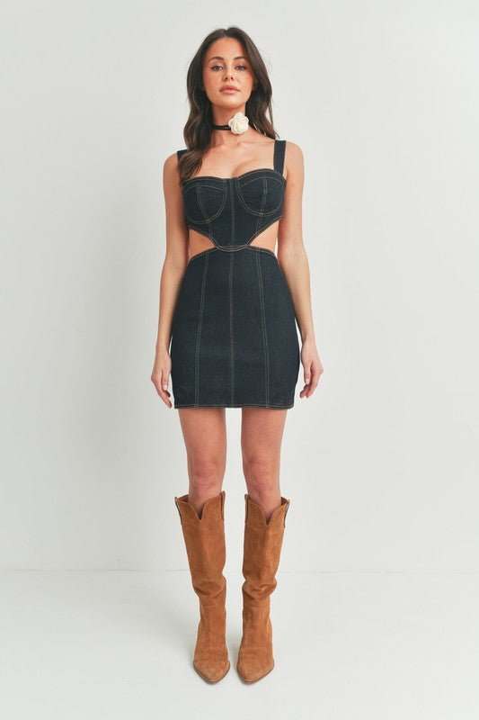 Dark Denim Waist Cutout Mini Dress - STYLED BY ALX COUTUREDRESS