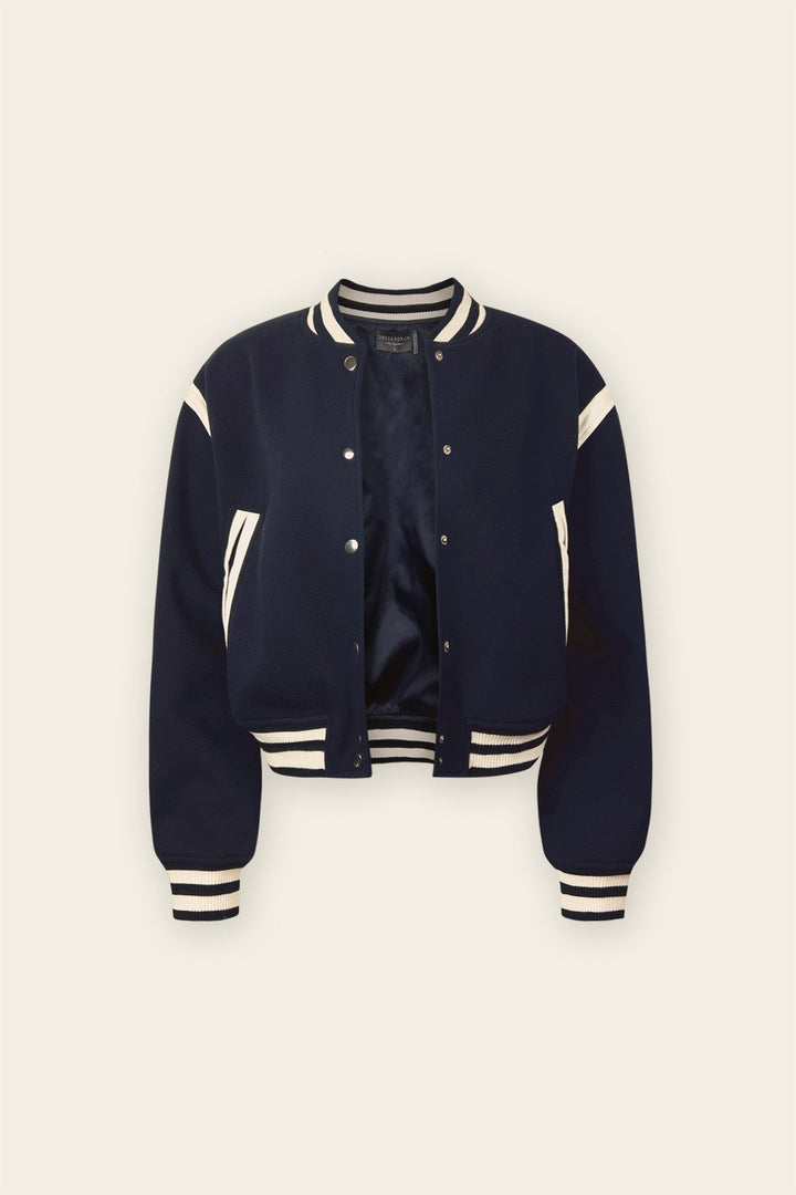 Dark Indigo Cropped Varsity Bomber Jacket - STYLED BY ALX COUTURECoats & Jackets