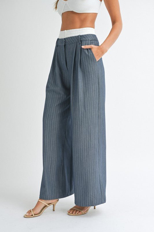 Dark Navy Pin Stripe Wide Leg Trouser - STYLED BY ALX COUTUREPANTS