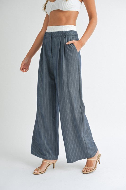 Dark Navy Pin Stripe Wide Leg Trouser - STYLED BY ALX COUTUREPANTS