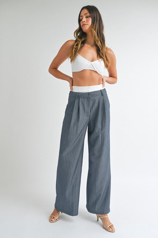 Dark Navy Pin Stripe Wide Leg Trouser - STYLED BY ALX COUTUREPANTS