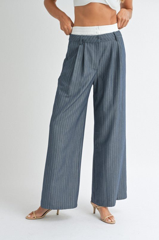 Dark Navy Pin Stripe Wide Leg Trouser - STYLED BY ALX COUTUREPANTS