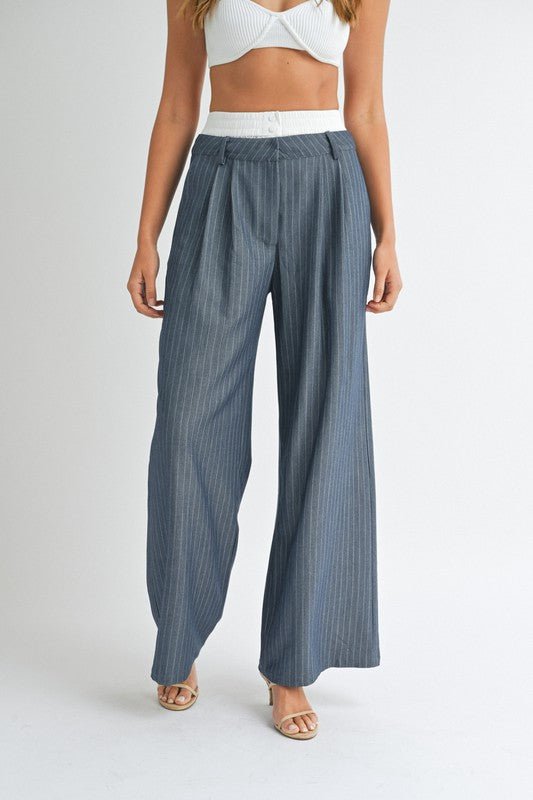 Dark Navy Pin Stripe Wide Leg Trouser - STYLED BY ALX COUTUREPANTS