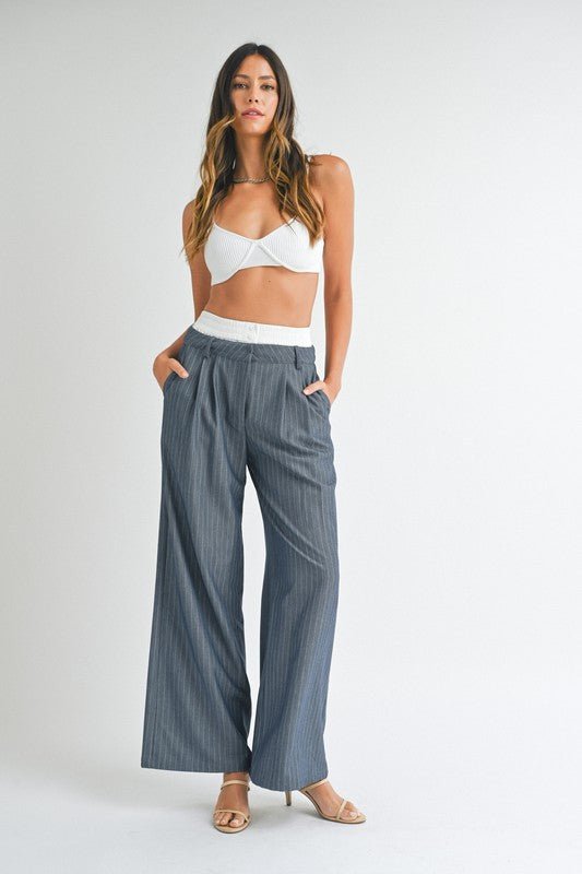 Dark Navy Pin Stripe Wide Leg Trouser - STYLED BY ALX COUTUREPANTS