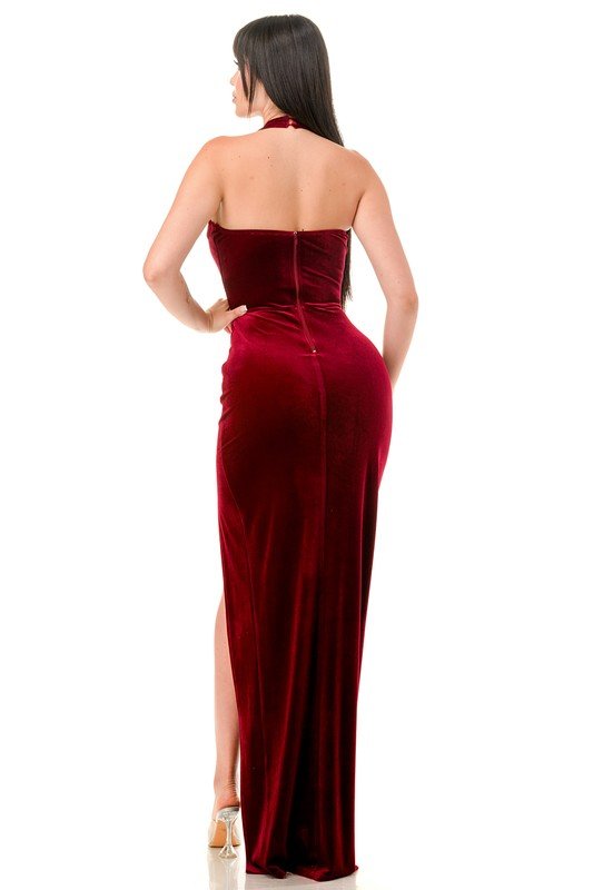 Deep Red Velvet Sequin Halter Neck Maxi Dress - STYLED BY ALX COUTUREDRESS