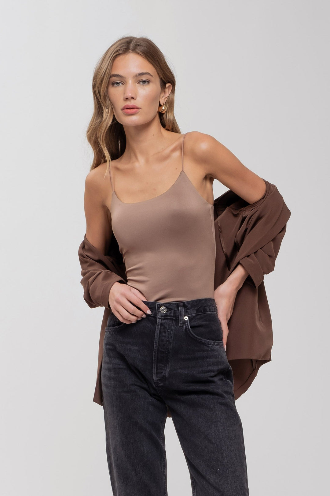 Deep Taupe Thin Strap Seamless Knit Cami Bodysuit - STYLED BY ALX COUTUREBODYSUITS