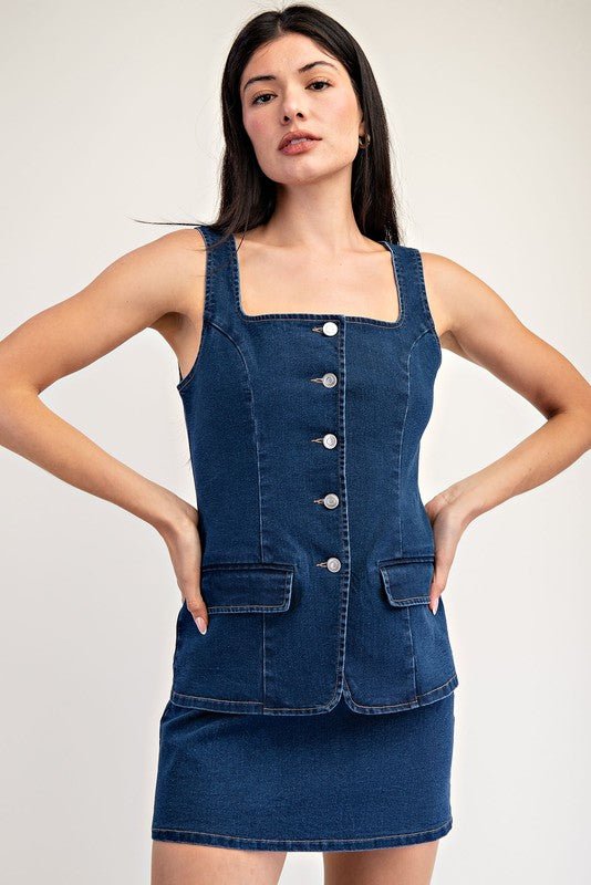 Denim Blue Front Button Closure Stretch Mini Dress - STYLED BY ALX COUTUREDresses