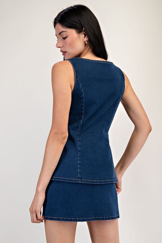 Denim Blue Front Button Closure Stretch Mini Dress - STYLED BY ALX COUTUREDresses