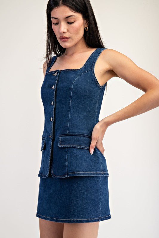 Denim Blue Front Button Closure Stretch Mini Dress - STYLED BY ALX COUTUREDresses