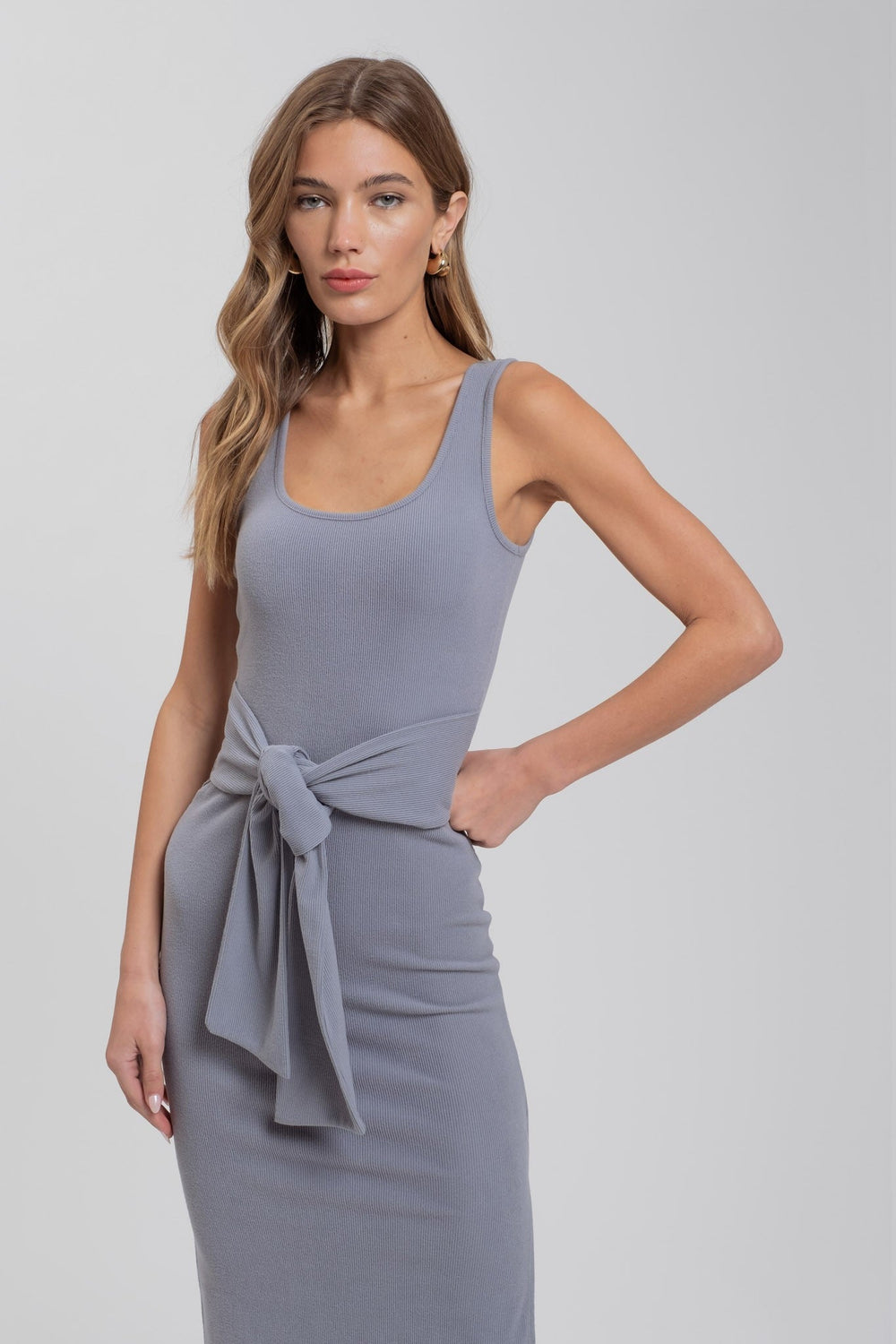 Denim Blue Front Tie Sweater Knit Tank Midi Dress - STYLED BY ALX COUTUREDRESSES