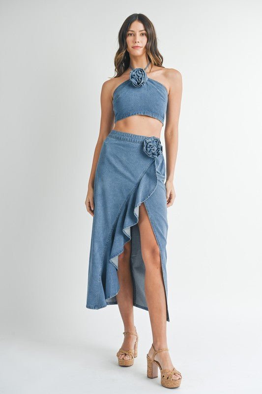 Denim Corsage Top Midi Skirt Set - STYLED BY ALX COUTUREOutfit Sets