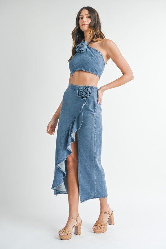 Denim Corsage Top Midi Skirt Set - STYLED BY ALX COUTUREOutfit Sets