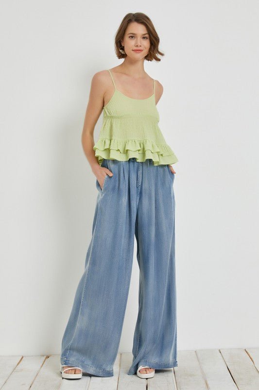 Denim Elastic Waist Wide Leg Pants - STYLED BY ALX COUTUREPANTS