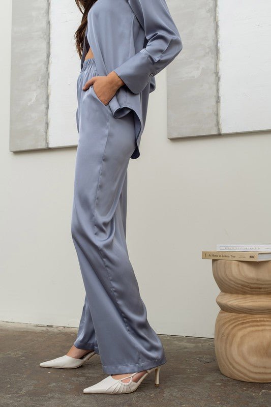 Dusty Blue Satin Bell Bottom Pants - STYLED BY ALX COUTUREPan