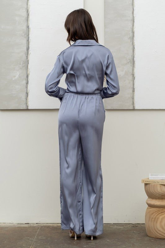 Dusty Blue Satin Bell Bottom Pants - STYLED BY ALX COUTUREPan