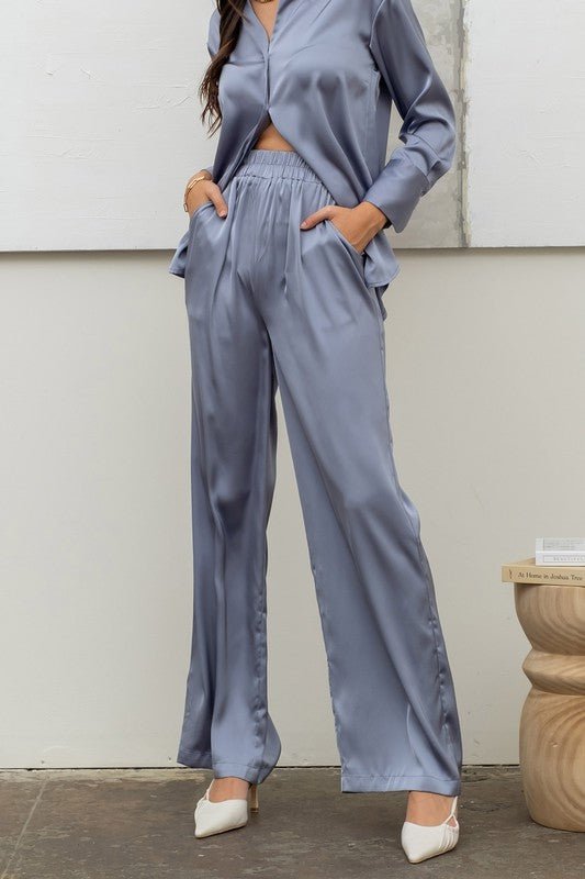 Dusty Blue Satin Bell Bottom Pants - STYLED BY ALX COUTUREPan