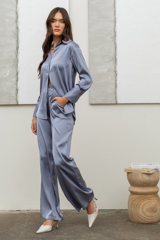 Dusty Blue Satin Bell Bottom Pants - STYLED BY ALX COUTUREPan