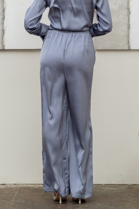 Dusty Blue Satin Bell Bottom Pants - STYLED BY ALX COUTUREPan