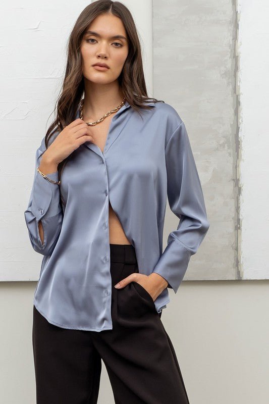 Dusty Blue Satin Button Up Top - STYLED BY ALX COUTUREShirts & Tops