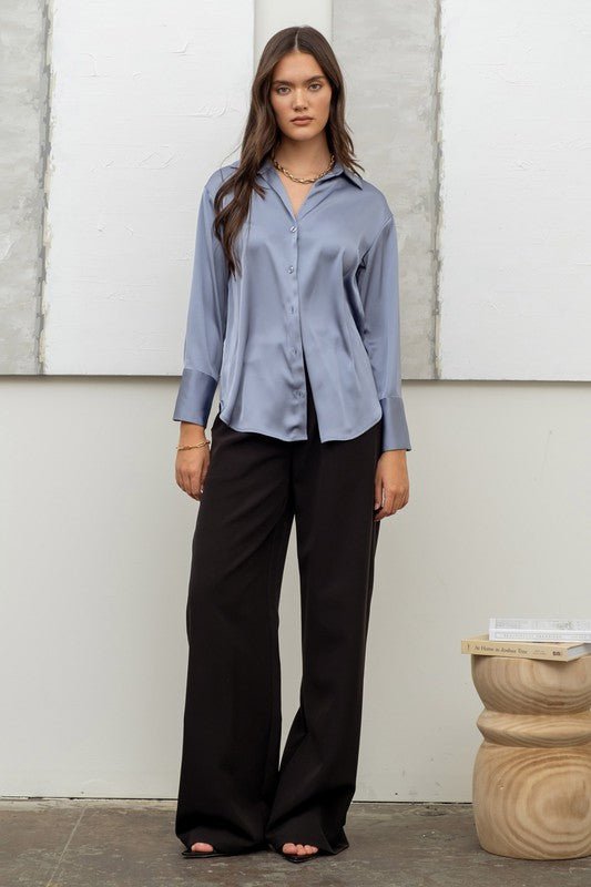 Dusty Blue Satin Button Up Top - STYLED BY ALX COUTUREShirts & Tops