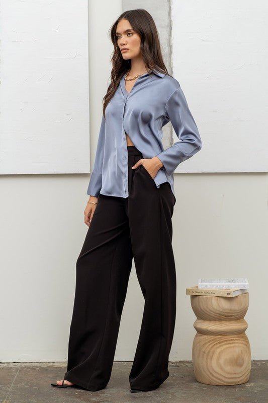 Dusty Blue Satin Button Up Top - STYLED BY ALX COUTUREShirts & Tops