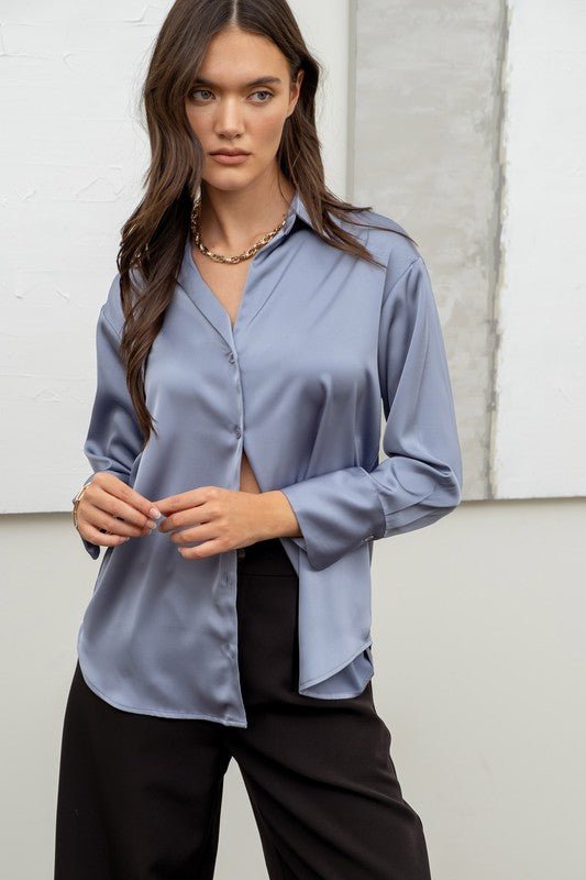 Dusty Blue Satin Button Up Top - STYLED BY ALX COUTUREShirts & Tops