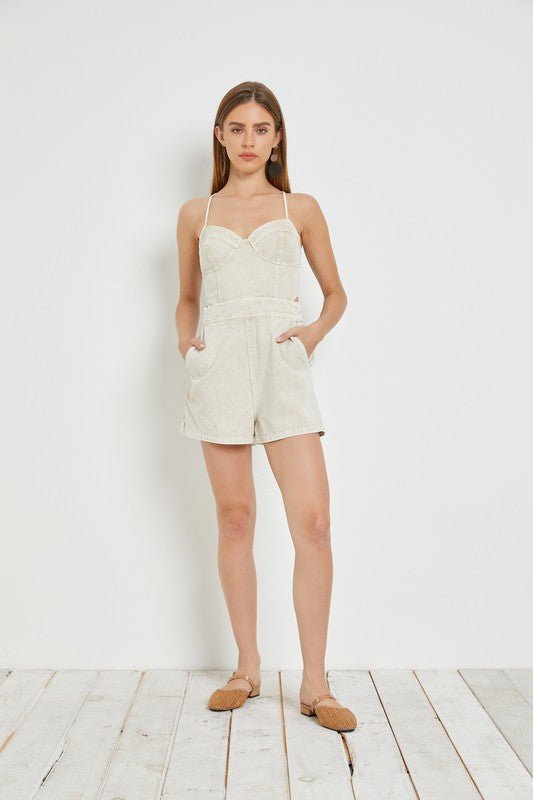 Ecru Open Back Denim Romper - STYLED BY ALX COUTUREJumpsuits & Rompers