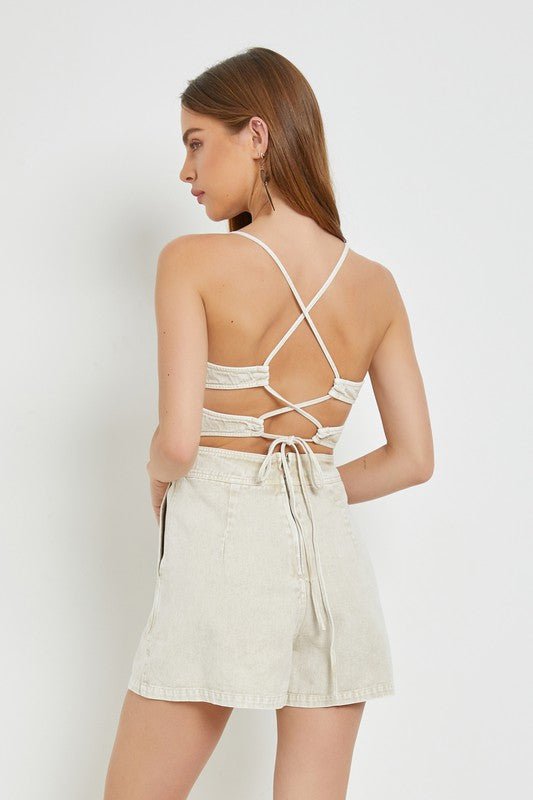 Ecru Open Back Denim Romper - STYLED BY ALX COUTUREJumpsuits & Rompers