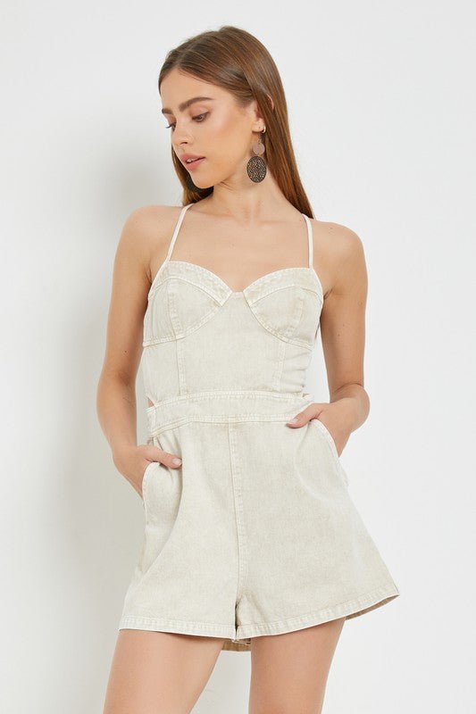 Ecru Open Back Denim Romper - STYLED BY ALX COUTUREJumpsuits & Rompers