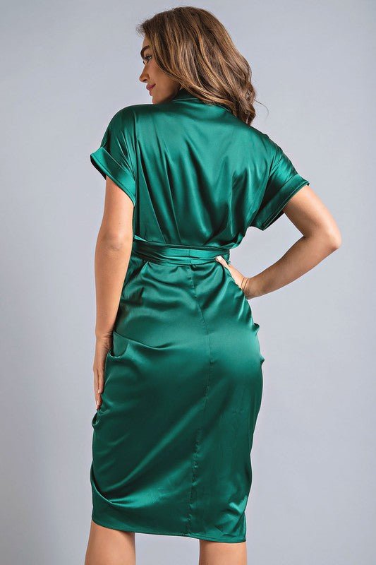 Emerald Green Satin Waist Tie Midi Dress - STYLED BY ALX COUTUREDRESS