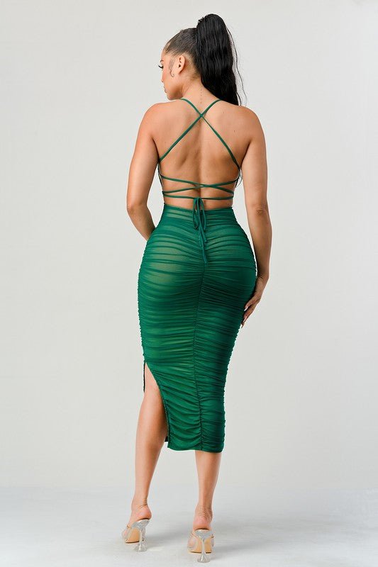 Emerald Mesh Drawstring Lace Up Ruched Maxi Dress - STYLED BY ALX COUTUREDRESS