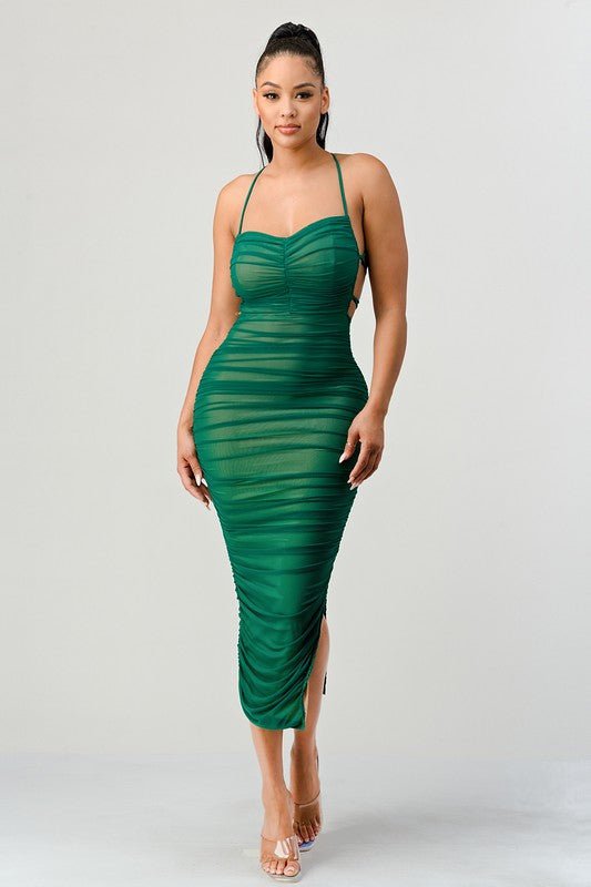 Emerald Mesh Drawstring Lace Up Ruched Maxi Dress - STYLED BY ALX COUTUREDRESS