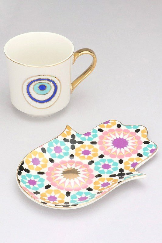 Evil Eye Hamsa Ceramic Tea Mug Cup and Saucer Set - STYLED BY ALX COUTURETEA SET