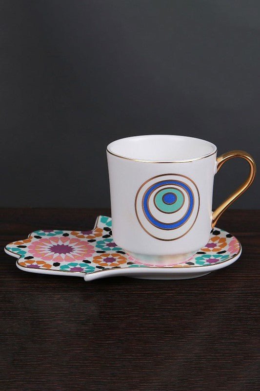 Evil Eye Hamsa Ceramic Tea Mug Cup and Saucer Set - STYLED BY ALX COUTURETEA SET