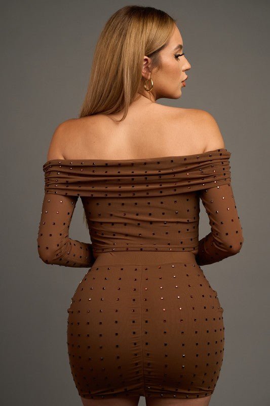 Expresso Luxe Mesh Off Shoulder Top Skirt Set - STYLED BY ALX COUTUREOutfit Sets