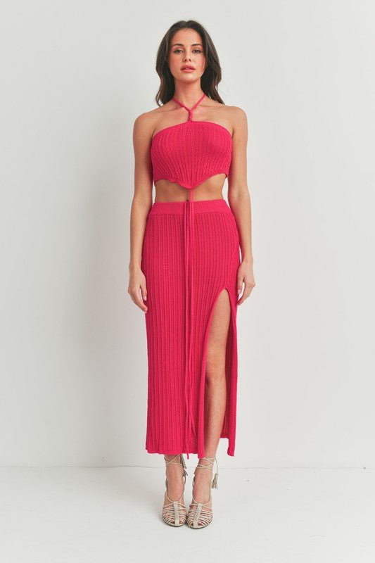 Fuchsia Knit Halter Top Maxi Skirt Set - STYLED BY ALX COUTUREOutfit Sets