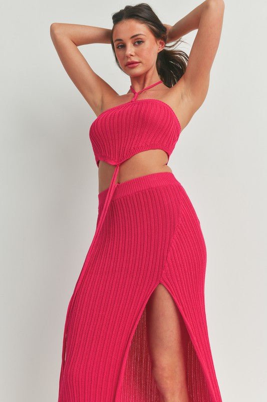 Fuchsia Knit Halter Top Maxi Skirt Set - STYLED BY ALX COUTUREOutfit Sets