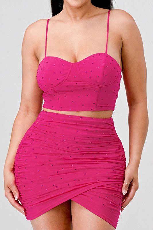 Fuchsia Rhinestone Mesh Contrast Cami Top & Skirt Set - STYLED BY ALX COUTUREShirts & Tops