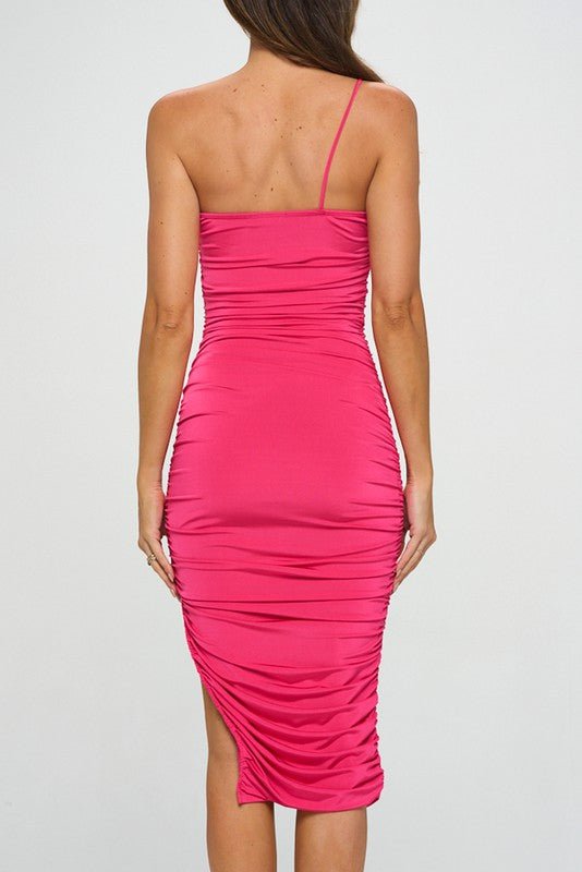 Fuchsia Steel One Shoulder Ruched Sides Slit Midi Dress - STYLED BY ALX COUTUREDRESSES