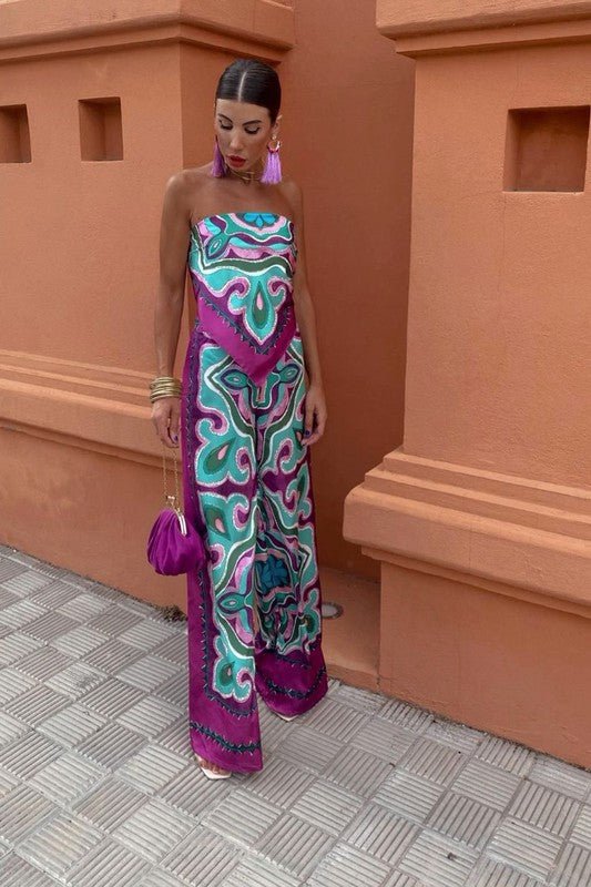 Fuchsia Tropical Leaf Print Top and Pants Set - STYLED BY ALX COUTUREOutfit Sets