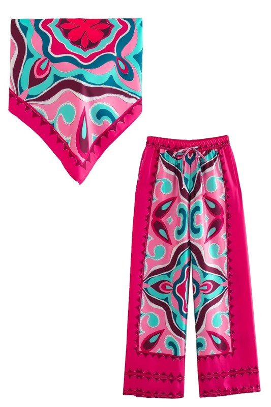 Fuchsia Tropical Leaf Print Top and Pants Set - STYLED BY ALX COUTUREOutfit Sets