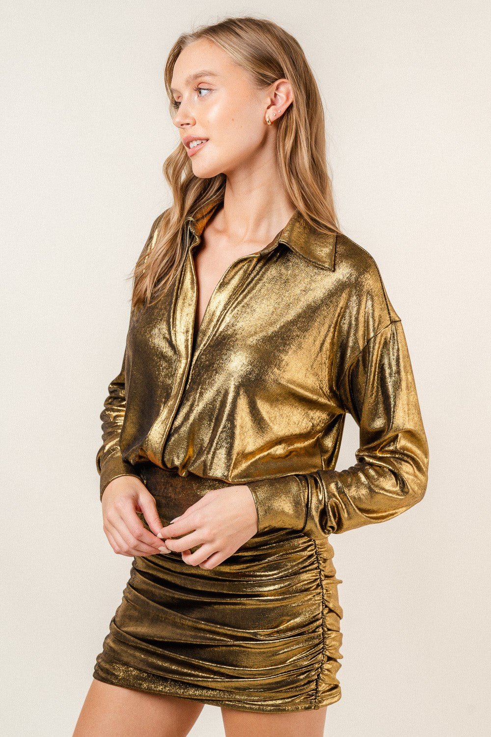 Gold Black Metallic Collar Shirt Style Ruched Mini Dress - STYLED BY ALX COUTUREDresses