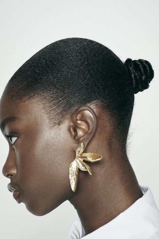 Gold Metal Textured Leaf Dangle Earrings - STYLED BY ALX COUTUREEARRINGS