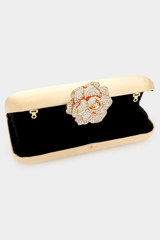Gold Rhinestone Pave Rose Clasp Clutch Bag - STYLED BY ALX COUTUREBAG