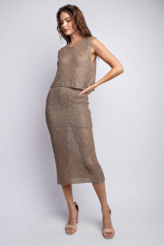 Gold Taupe Embellished Yarn Sweater Midi Skirt - STYLED BY ALX COUTURESKIRTS