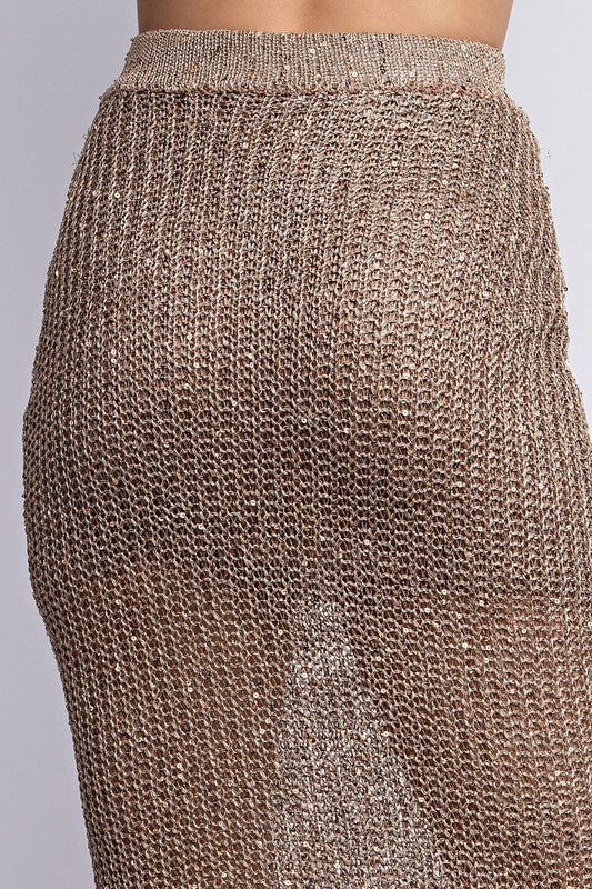 Gold Taupe Embellished Yarn Sweater Midi Skirt - STYLED BY ALX COUTURESKIRTS