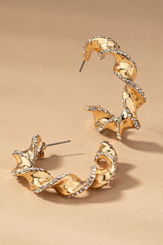Gold Twisted Ribbon Hoop with Pave Rhinestones Earring - STYLED BY ALX COUTUREEARRINGS