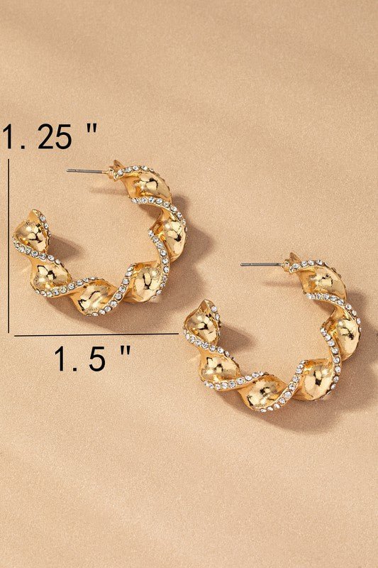 Gold Twisted Ribbon Hoop with Pave Rhinestones Earring - STYLED BY ALX COUTUREEARRINGS