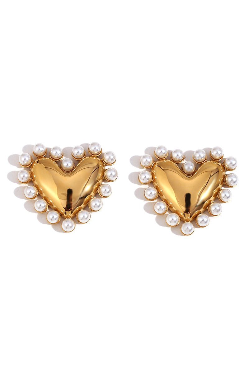 Gold Vintage Pearl Chunky Heart Stud Earrings - STYLED BY ALX COUTUREEARRINGS