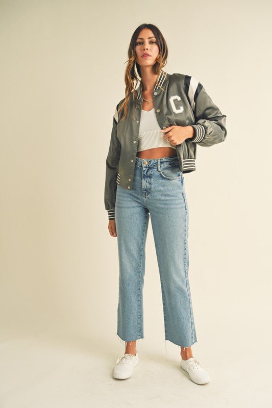 Green Gray Cropped Satin Bomber Varsity Jacket - STYLED BY ALX COUTURECoats & Jackets